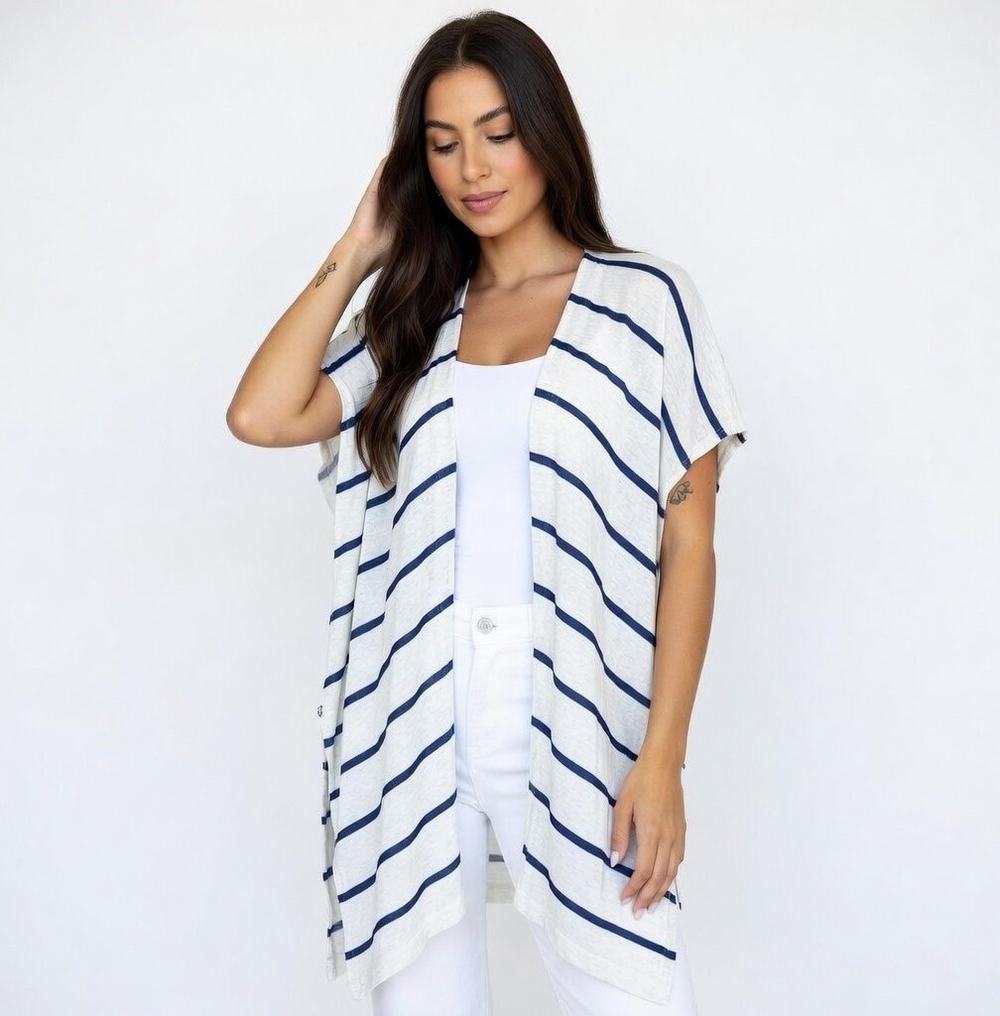 Lilly Pulitzer Linen Striped Open Front Cardigan Women's White Blue Sweater S/M